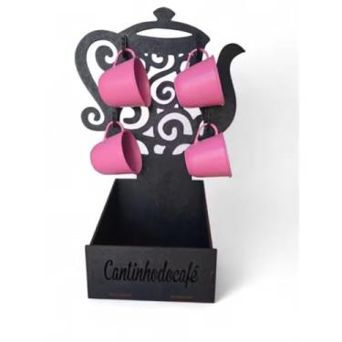 Imagem de Suporte Bule + 4 Xícaras Cantinho do Café Chá Escolha Cor Porta Xícaras Cozinha Organizador Bandeja (Bule Preto C/Xicara Rosa)