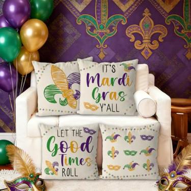 Imagem de Capas de almofada de carnaval 45,7 x 45,7 cm, conjunto de 4 contas, máscara de baile de máscaras, fronha, flor-de-lis, férias, sala de estar, fronha decorativa para sofá