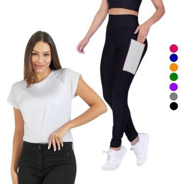 Imagem de Conjunto CAMISETA Blusinha DRY + CALÇA LEGGING BOLSOS Femininos Academia Fitness Furadinho 628-Feminino