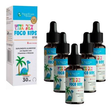 Imagem de Kit 5 Foco Kids Vit B1 B12 Magnésio Selenio Zinco 5x30 ml Morango Floral Ervas do Brasil-Unissex