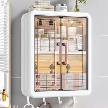 Imagem de Armário de armazenamento de banheiro de plástico montado na parede, organizador sobre o vaso sanitário que economiza espaço com prateleiras removíveis, portas duplas, ganchos - ideal para banheiros