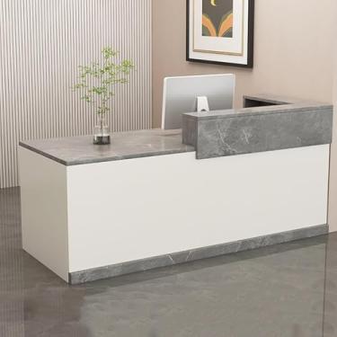 Imagem de Mesa de recepção moderna com gaveta com trava, balcão frontal elegante e balcão de caixa com armários, ideal para recepção de escritório, lobby ou salão de beleza (cinza + branco)