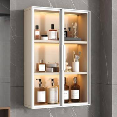 Imagem de Armário de armazenamento de banheiro montado na parede com portas de vidro - moldura de alumínio, 2/3 camadas de madeira maciça, organizador sobre o vaso sanitário para cozinha e sala de jantar