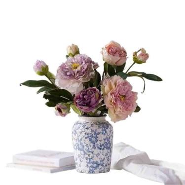 Imagem de Peônia Guifei multicolorida para festa com vaso de cerâmica para sala de estar, arranjo decorativo, mesa chinesa, flores falsas, jardim