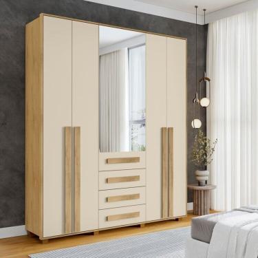 Imagem de Guarda-roupa Casal 5 Portas 1 Porta com Espelho com 3 Gavetas Las Vegas Iii Cinamomo / Off White