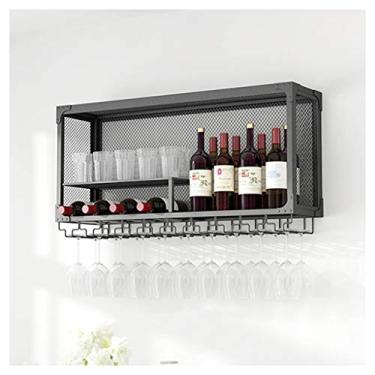 Imagem de BBXSD Prateleiras de vinho para decoração de bar para casa industrial montada na parede com suporte de copo de vinho, suporte de garrafa de vinho em grade ferro de metal, prateleira de parede para