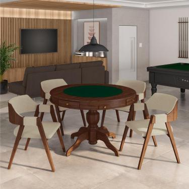 Imagem de Conjunto Mesa de Jogos Carteado Bellagio Tampo Reversível Verde e 4 Cadeiras Madeira Poker Base Estrela Linho OffWhite/Imbuia G42 - Gran Belo