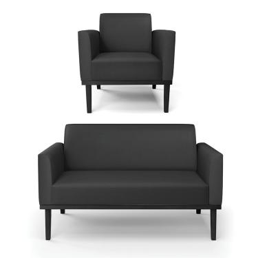 Imagem de Conjunto Poltrona e Namoradeira Decorativa Isabella Pés Fixo em Madeira Preto PU Preto G19 - Gran Belo