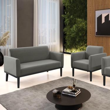 Imagem de Conjunto Poltrona e Namoradeira Decorativa Isabella Pés Fixo em Madeira Preto Suede Grafite G19 - Gran Belo