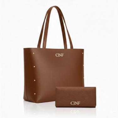 Imagem de Kit Bolsa Feminina Sacola Grande De Ombro E Carteira - CINF, Caramelo