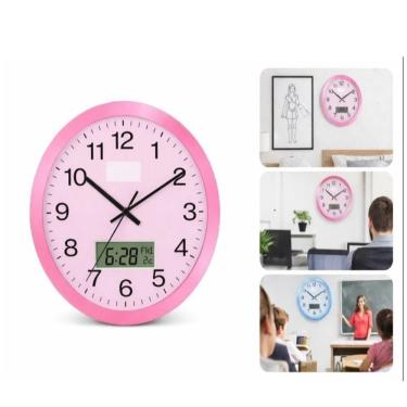 Imagem de Relógio De Parede Rosa Analógico Com Calendário E Termômetro Design Luxo Com Movimento Silencioso Para Sala E Escritório