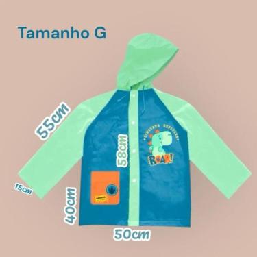 Imagem de Capa de Chuva Infantil Dinossauro, Azul e Verde, com Capuz e Bolso - S