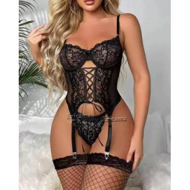 Imagem de Conjunto de Lingerie Sexy, Renda, Tanga, Sutiã ElaShopp, Preto sem mei