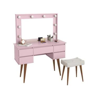 Imagem de Penteadeira Camarim Com Banqueta 5 Gavetas 120cm Strass Patrimar Rosa,