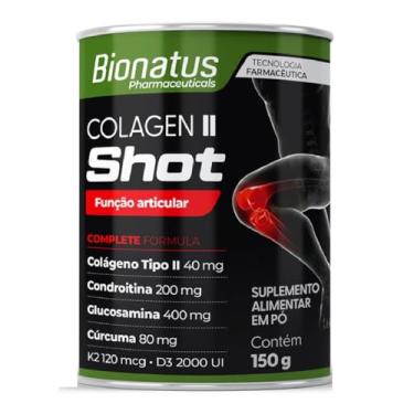 Imagem de Bionatus, Colagen II Shot, Suplemento alimentar, Colágeno Tipo II 40mg, Condroitina 200mg, Glucosamina 400mg, Cúrcuma 80mg, Vitamina K2 120mcg, Vitamina D3 2000UI, 150 gramas, Preto
