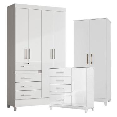 Imagem de Guarda Roupa Infantil Sobral com Cômoda Vênus com pés e Armário Multiuso Jade Branco Brilho – Moval