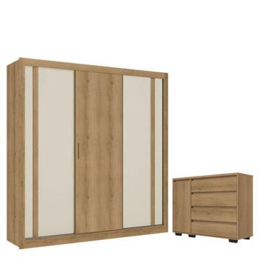 Imagem de Guarda Roupa Casal Ibiza 3 Portas Capuccino Cacau Off White Flex e Cômoda com Porta Aurora Capuccino - THB