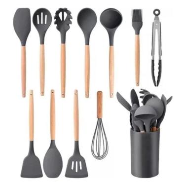 Imagem de Kit Utensílios de Cozinha Kit Utensílios Cozinha Talher Silicone Cabo Madeira Resistent...