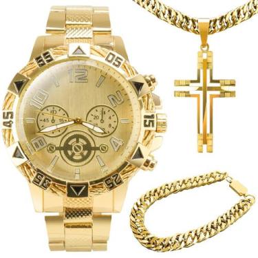 Imagem de relogio masculino aço banhado ouro + crucifixo qualidade premium robus