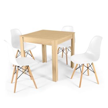Imagem de Conjunto Mesa de Jantar Quadrada Sofia Natural 80x80cm com 4 Cadeiras Eames Eiffel - Branco