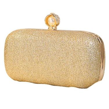 Imagem de Bolsas Femininas Brilhantes Clutch PU Bolsas de Mão e Ombro Femininas Bolsinha Feminina Corrente, Dourado, M