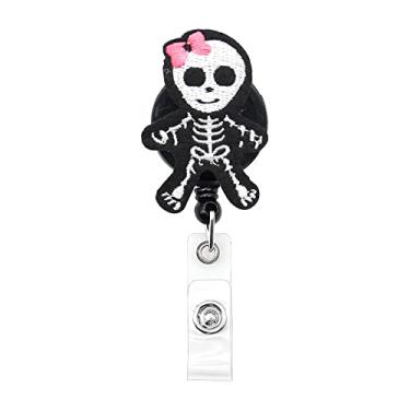 Imagem de Molinete retrátil de feltro de caveira para identidade, suporte de cartão de identificação de tecido