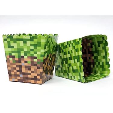 Imagem de Caixas de lanche de festa com tema de grama de pixel de mineiro para festas de aniversário de videogame, festa de aniversário vintage de 8 bits. Conjunto de 12 caixas de pipoca recortadas com grama de engenheiro reversível e pixel verde