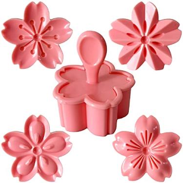 Imagem de Goeielewe Carimbo de pastelaria/biscoito/fondant, molde de biscoitos de pressão de 5 cm com 4 carimbos rosa flor de cerejeira ferramenta de pastelaria de pressão manual conjunto de cortadores de fondant para assar