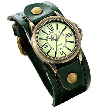 Imagem de Lancardo Relógio de pulso masculino e feminino vintage verde escuro pulseira larga de couro quartzo com exibição de números romanos relógio de pulso punk para o Natal, Verde escuro, Movimento de quartzo