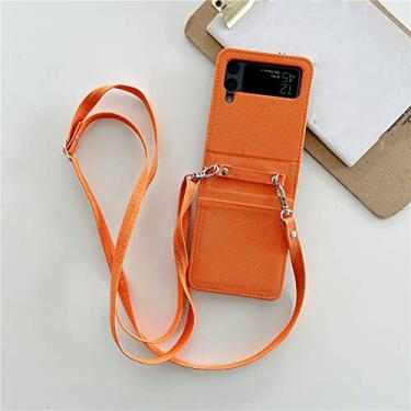 Imagem de Estojo de couro com slot para cartão de néon integrado com cordão para Samsung Galaxy Z Flip 3 Z Flip 4 5G Crossbody Chain Lanyard Cover, laranja, para Samsung Z Flip 3