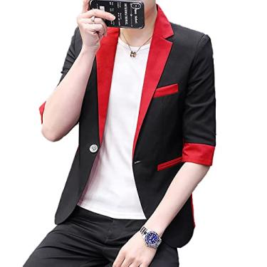 Imagem de Blazer masculino de um botão verão fino manga média terno jaqueta casual slim fit casaco leve negócios festa de casamento exterior, preto, M busto: 94 cm)