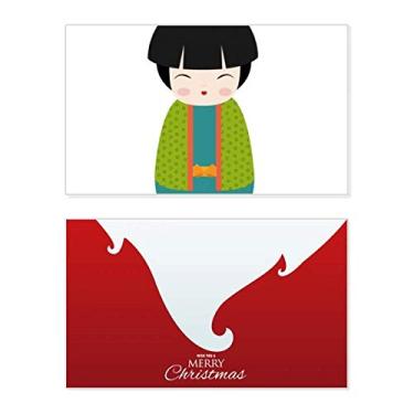 Imagem de Green Kimono Doll Art Japan Holiday Holiday Merry Christmas Cartões de parabéns mensagem de Natal