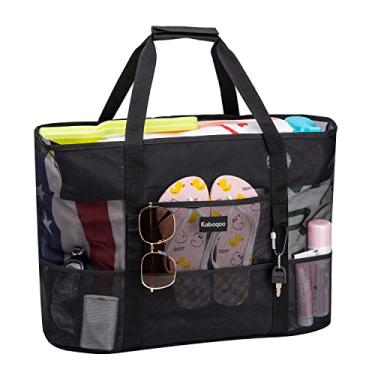Imagem de Bolsa de praia de malha, sacos de praia extragrande com 9 bolsos e zíper, impermeável, leve, para praia em família, viagem à praia/piscina, Preto, Large, Viagem familiar à praia/piscina