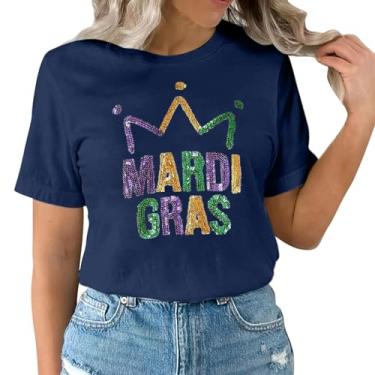 Imagem de 2024 Mardi Gras Outfit for Women Letter Printed Mardi Gras Shirts for Women Sparkly Fat Tuesday Camisetas, Azul, GG