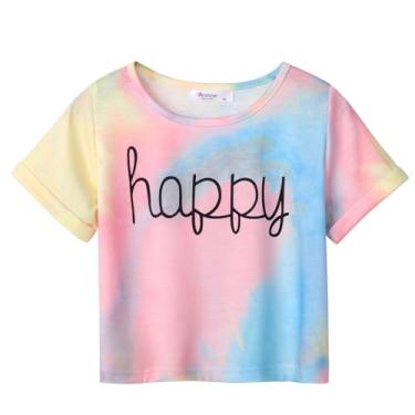 Imagem de Arshiner Camisetas femininas cropped manga curta tie dye verão camiseta gola redonda punhos enrolados moda camiseta, Tie Dye Happy, 13-14 Anos
