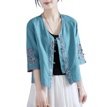 Imagem de JYHBHMZG Camisa de algodão retrô bordada com botão de nó feminino verão chinês zen vestido de chá solto curto gola V top, Azul, P