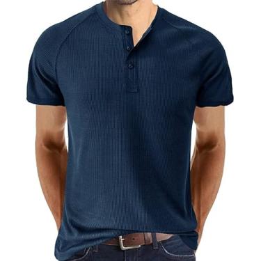 Imagem de Camiseta masculina de manga curta masculina Henry Shirt Top Roupas, Azul marino, G