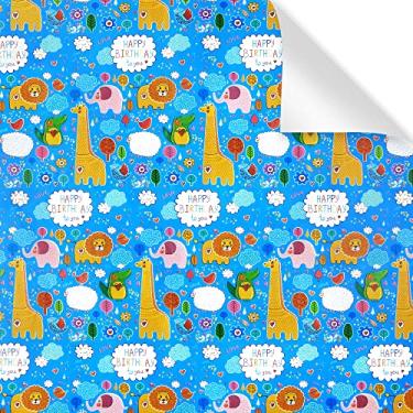 Imagem de Papel de embrulho de aniversário para crianças, meninas, meninos, animais girafas, design de feliz aniversário, papel de embrulho para chá de bebê, 4 folhas azuis dobradas planas, 51 x 71 cm por folha