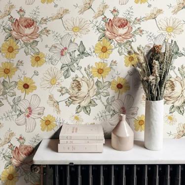 Imagem de Zeeko Papel de parede floral boho papel de parede multicolorido margarida peônia autoadesivo removível papel de parede papel de contato para cozinha quarto decoração de parede 45 cm x 3 m (bege)