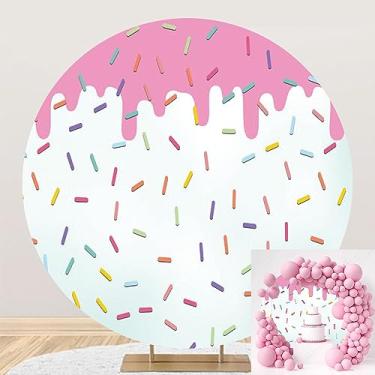Imagem de TTQYFNM 2,3 x 2,3 m Sweet Donut Capa de fundo redondo poliéster colorido confete rosa donut crescer fundo fotográfico para meninas recém-nascidas, chá de bebê, decoração de festa de aniversário,