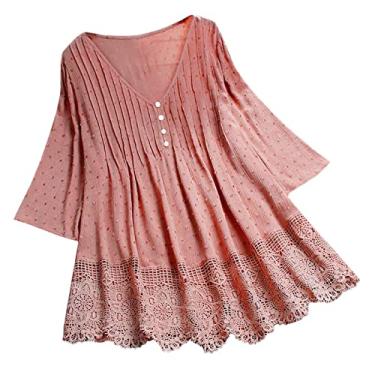 Imagem de Aniywn Blusa formal feminina elegante plus size vintage renda patchwork laço gola V bordado camisetas verão manga 3/4 tops, A6 - Rosa, G