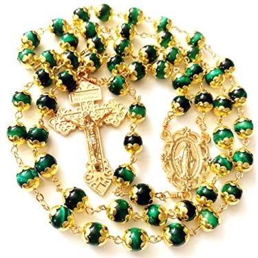 Imagem de elegantmedical Colar de rosário católico feito à mão com contas de oração olho de tigre caixa de presente crucifixo da Itália ouro, 23", Metal, Ágata