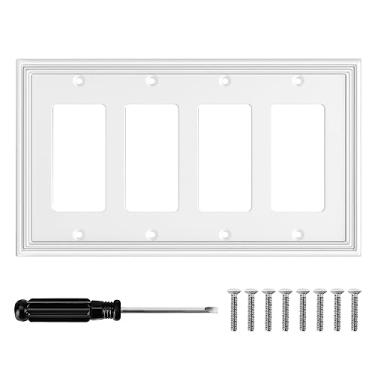 Imagem de Placa de parede decorativa branca moderna para interruptor de luz decorativa capas de saída para interruptor basculante placas de parede de material de fibra de bambu para cozinha banheiro (4 gangs quad decorador-1 pacote)