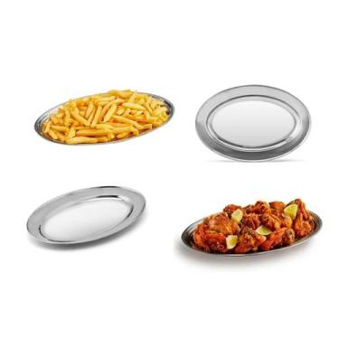 Imagem de Kit Com 10 Travessas Aço Inox Rasa Oval 30cm Porções Restaurantes Bar