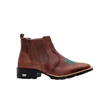 Imagem de Bota Feminina Texana Em Couro Café Cano Curto Bordado Azul Bico Quadrado (Marrom, BR, Adulto, Numérico, 33)