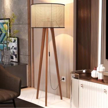 Imagem de Luminária Abajur Tripé Mobigu Cúpula Rattan Pés Em Madeira