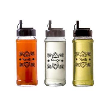 Imagem de Kit Galheteiros De Vidro 330ml Redondo 3 Peças(Azeite/Vinagre/Pimenta)