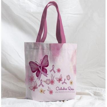 Imagem de Bolsa Sacola Artesanal de Tecido Borboletas e Flores Outubro Rosa - Co