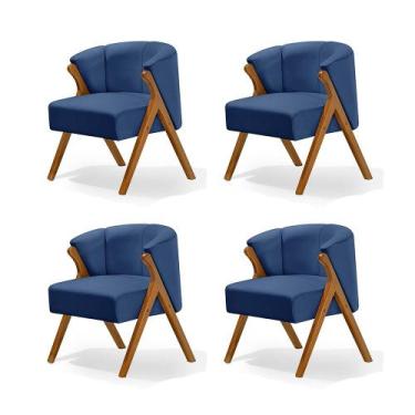 Imagem de Kit 4 Poltronas Luxo Moderna Luna Pés em Madeira Maciça Veludo Azul - 