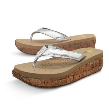 Imagem de VOLATILE Sandálias femininas Neville com fio dental de tecido macio, forro acolchoado e estilo cunha sem cadarço, Prata, 38